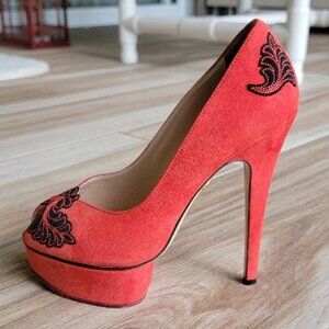 Charlotte Olympia Dolly Platform Red Embroidery Suede Leather Shoes Eur, 36
